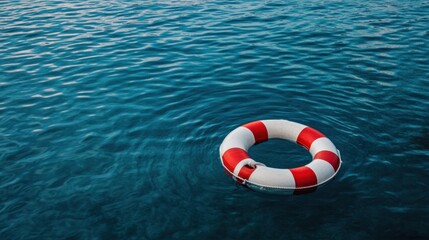 Naklejka premium Red and white life buoy floating on a calm blue water surface, symbolizing safety and rescue.