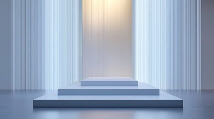 Fototapeta premium Stage with cascading light effects, soft blue and white hues, serene and calm mood, minimalist