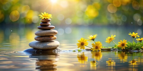 Obraz premium Zen Stones and Yellow Flowers in a Calm Pool of Water - A Still Life Composition