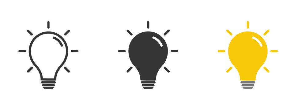 Light bulb icon set on white background. Idea symbol. Electric lamp, light, innovation, solution, creative thinking, electricity. Outline, flat and colored style. Flat design.