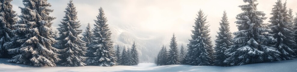 Fototapeta premium The winter woodland is covered in snow, surrounded by a pale mist. A seasonal banner.