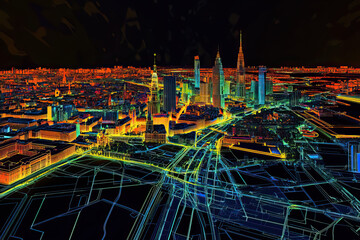 Fototapeta premium Technical aerial visual, 3D LiDAR GIS aerial map satellite scan model isolated, showing Warsaw, Poland. Elevation, topography, render