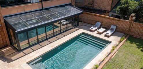 Swimming Pool with Glass Roof in a Backyard