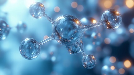 A detailed close-up of transparent molecular structures floating against a soft blue background.