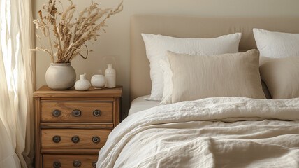 Wooden bedside cabinet near bed with beige bedding. French country interior design of modern bedroom. Beautiful design background of a modern bedroom. Tranquility.
