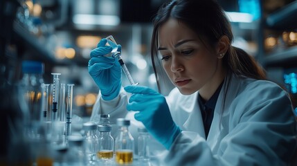 A focused female scientist working in a laboratory, preparing a syringe with precision.