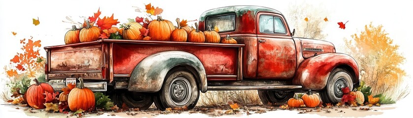 Vintage red truck filled with pumpkins, autumn leaves, rustic