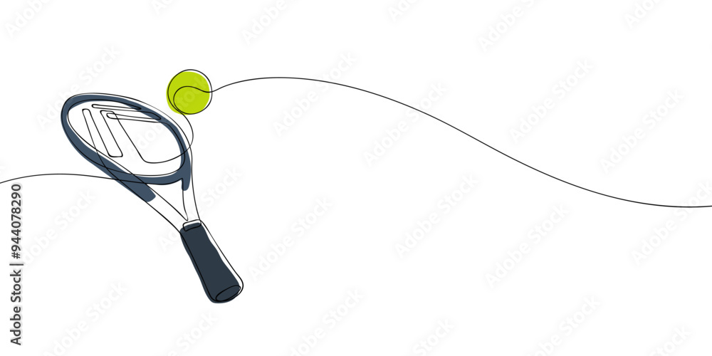 Poster a single line drawing of a racket with ball. continuous line tennis racket icon. one line icon. vect