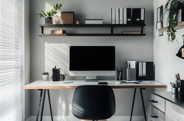 Minimalist home office with black and white decor,workspace