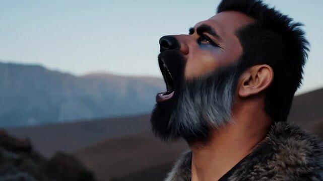 Man with wolf-like makeup and fur accents howling on a rocky hillside at dusk