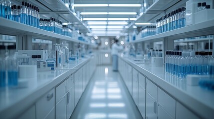 A bright laboratory interior with rows of glass bottles and a researcher working in the background.