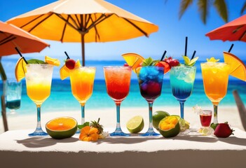 vibrant tropical beverages decorated colorful cocktail umbrellas showcasing delightful summer experience, drink, refreshing, fruit, liquid, party, exotic