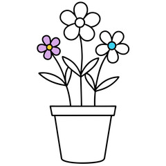 Flowering Potted Plant line art Vector on White Background