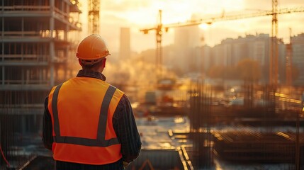 Obraz premium Construction worker observes urban development at sunrise, showcasing determination and progress in building projects.