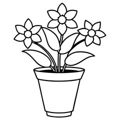 Flowering Potted Plant line art Vector on White Background