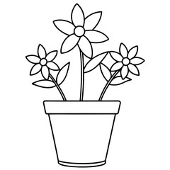 Flowering Potted Plant line art Vector on White Background