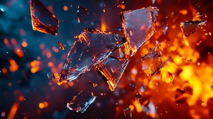 A bunch of broken glass pieces falling into the air