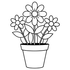 Flowering Potted Plant line art Vector on White Background