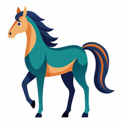 A stylized, blue, orange, and green horse standing on white background