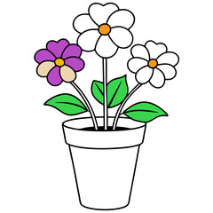 Flowering Potted Plant line art Vector on White Background