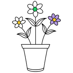 Flowering Potted Plant line art Vector on White Background