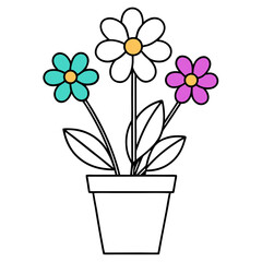 Flowering Potted Plant line art Vector on White Background