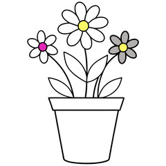 Flowering Potted Plant line art Vector on White Background