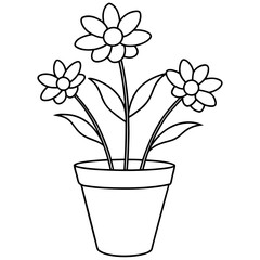 Flowering Potted Plant line art Vector on White Background