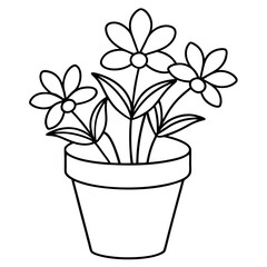 Flowering Potted Plant line art Vector on White Background