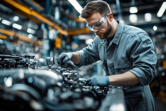 Focused worker in protective gear meticulously inspecting machinery parts in a well-lit industrial workshop environment.