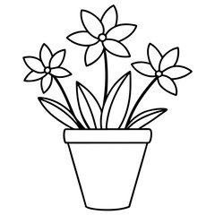 Flowering Potted Plant line art Vector on White Background