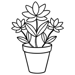 Flowering Potted Plant line art Vector on White Background