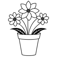 Flowering Potted Plant line art Vector on White Background