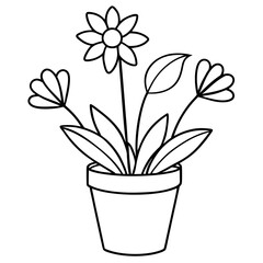 Flowering Potted Plant line art Vector on White Background