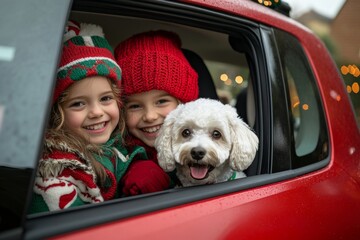 During Christmas, close up of a dog and happy children in a red car