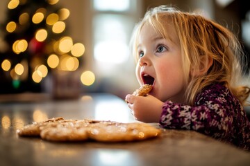 This photo shows a mischievous girl eating a homemade holiday cookie at a table