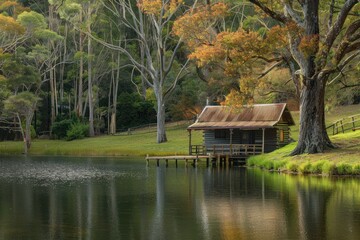 Fototapeta premium Cabin by the Lake in Autumn