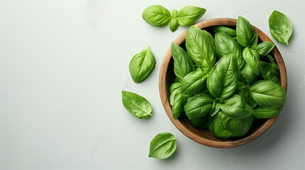 basil leaves in bowl, top view, white background png,  space for copy, flat lay
