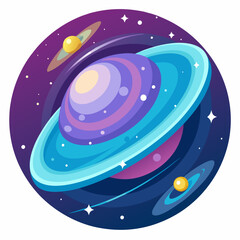 Vector illustration of a colorful ringed planet in outer space with stars, cosmic galaxy background design in cartoon style perfect for astronomy, science, education, poster, and digital decoration.