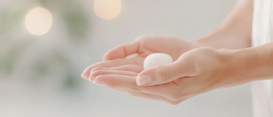 A serene image of hands holding a small, delicate object in a bright and calming setting, symbolizing care and elegance.