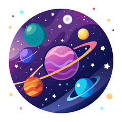 Naklejka premium Colorful Planets and Stars in a Circular Cosmic Composition