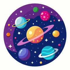 Naklejka premium Colorful Planets and Stars in a Dark Purple Circle