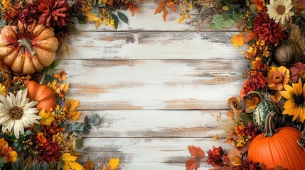 Fall harvest frame with pumpkins, leaves, and sunflowers on a rustic whitewashed wood background.