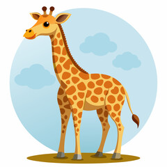Obraz premium Cartoon Giraffe with Spots Standing in a Blue Sky with Clouds