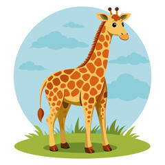 Obraz premium Cartoon Giraffe Standing in Grass with Blue Sky and Clouds