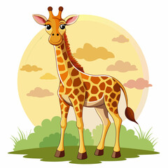 Obraz premium Cartoon Giraffe Standing in Grass Against a Sunset Background