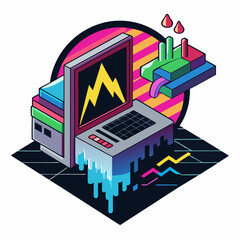 Retro Computer with Geometric Shapes and Data Visualizations