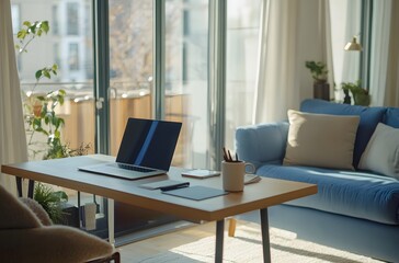 modern home office setup with an open laptop on the desk,workspace
