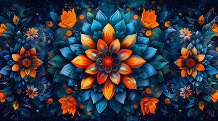 Floral Abstract Background with Orange and Blue Flowers