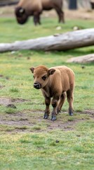 Fototapeta premium A young bison frolics atop a fallen log, surrounded by a breathtaking landscape of yellow mountains and green meadows filled with wildlife